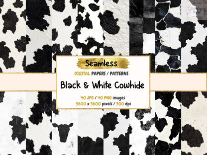 Black & White Cowhide Seamless Digital Paper Animal Print Paper - Wonders Artist