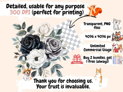 Black & White Roses Watercolor Clipart black and white png - Wonders Artist