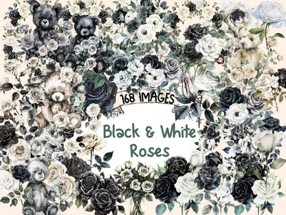 Black & White Roses Watercolor Clipart black and white png - Wonders Artist