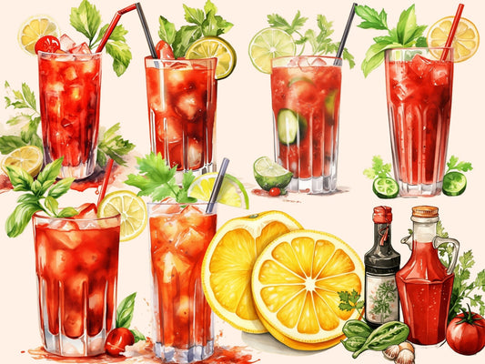 Bloody Mary Cocktails Watercolor Clipart