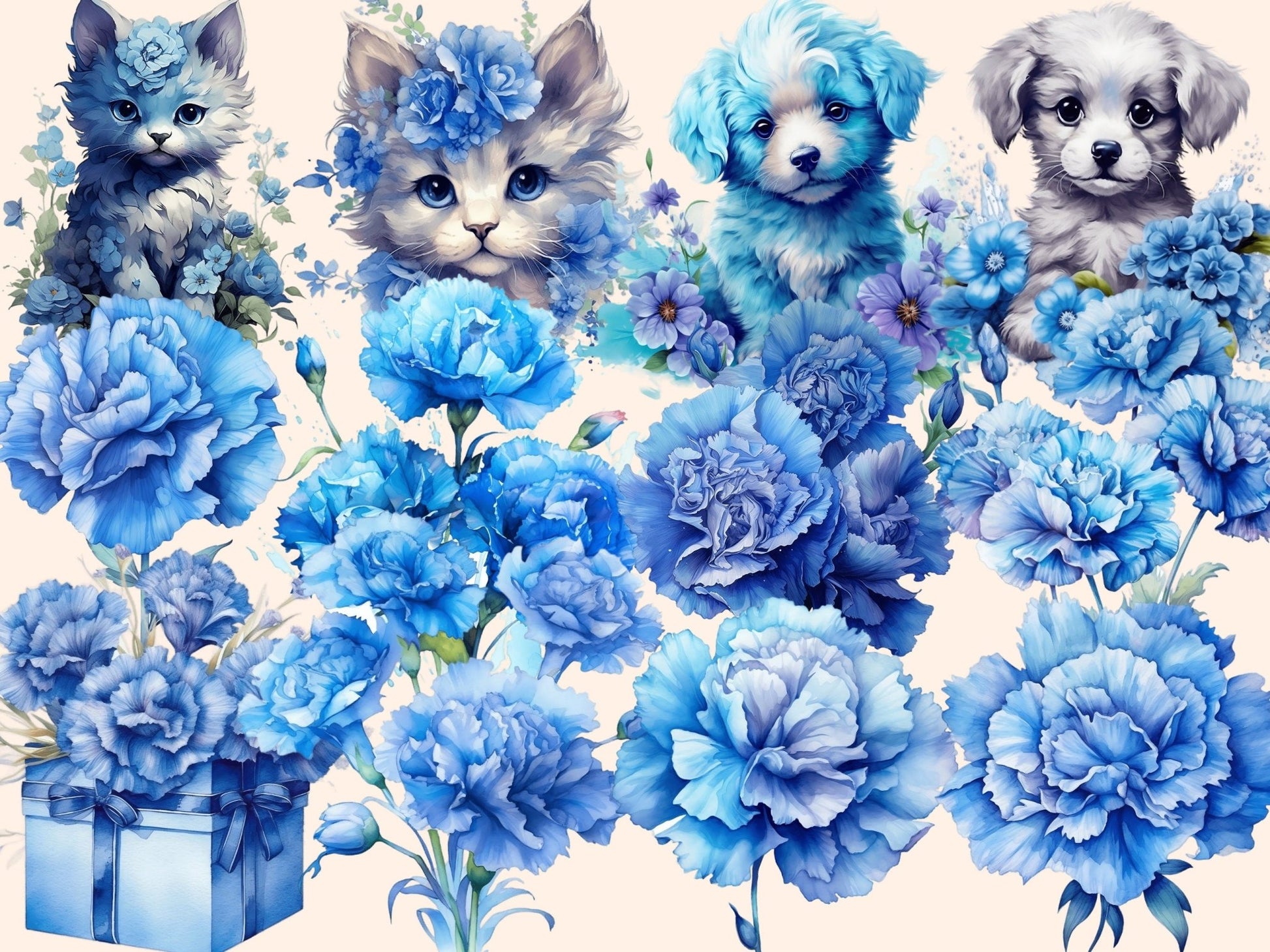 Blue Carnations Watercolor Clipart - High - Quality Instant Digital Download for Creative Projects