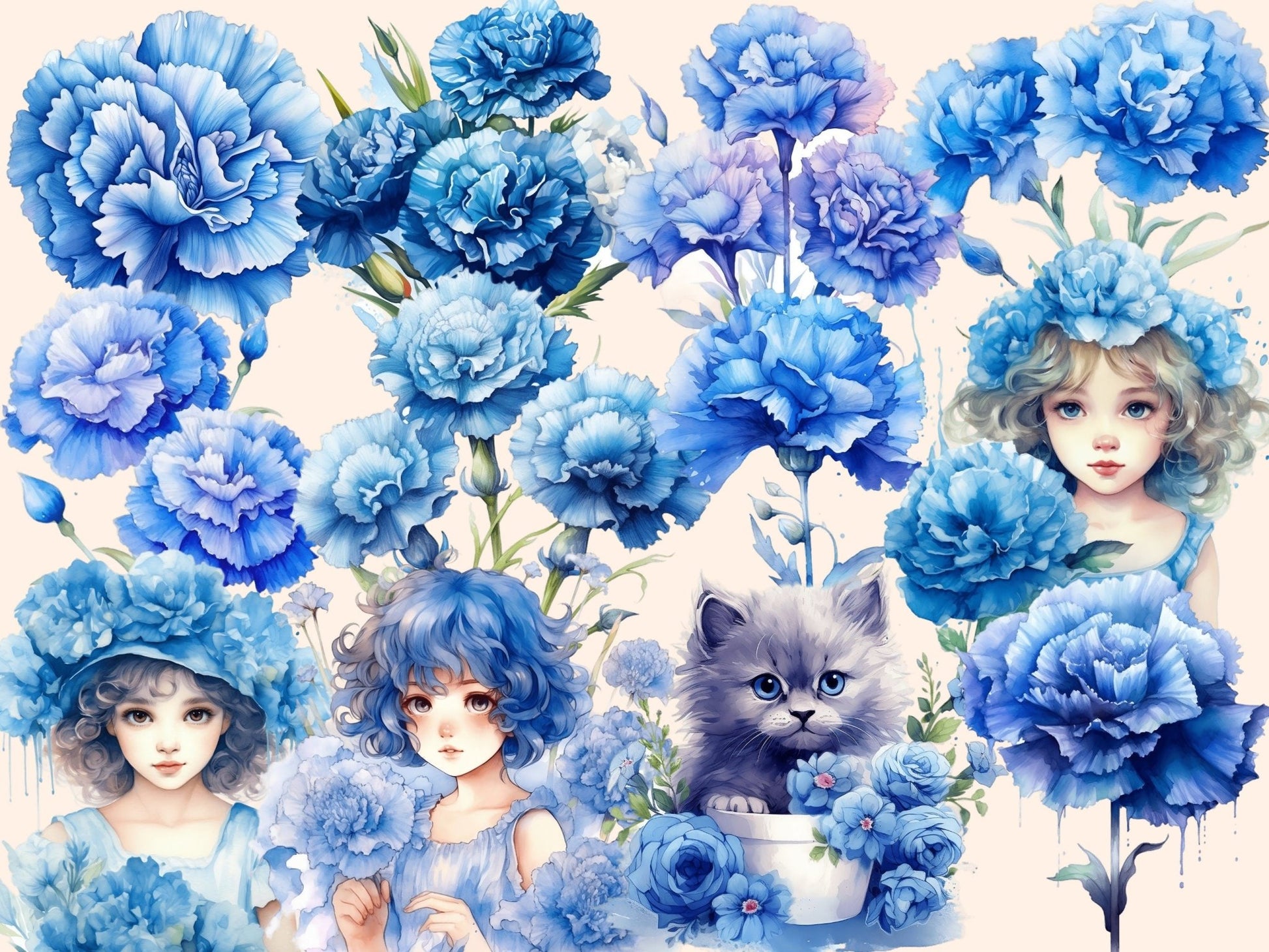 Blue Carnations Watercolor Clipart - High - Quality Instant Digital Download for Creative Projects