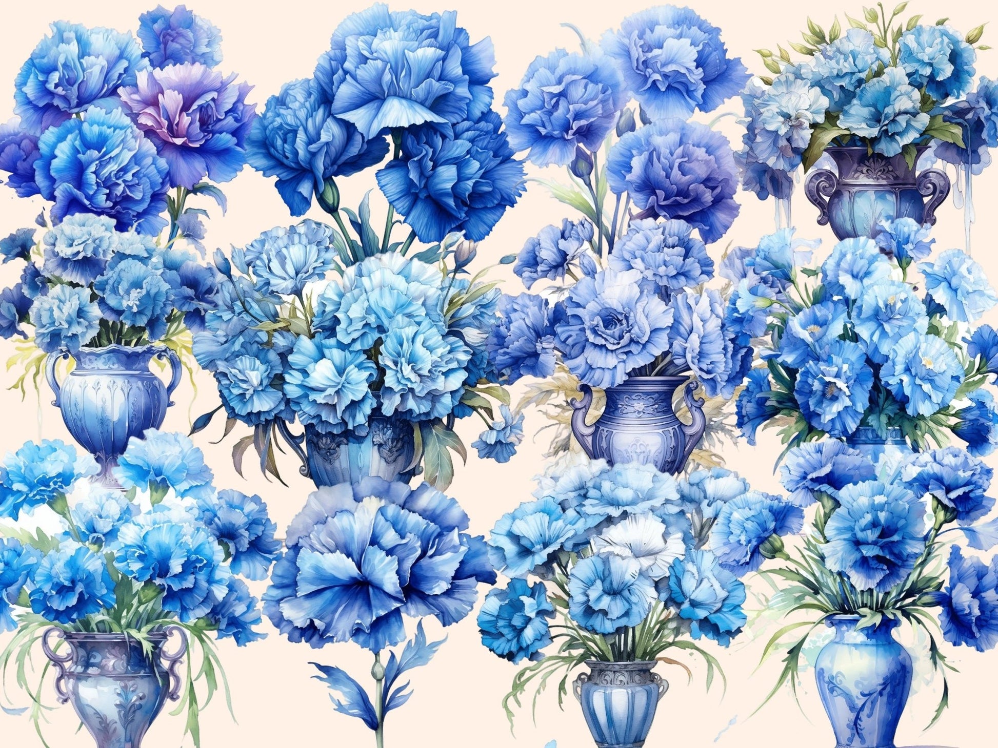 Blue Carnations Watercolor Clipart - High - Quality Instant Digital Download for Creative Projects