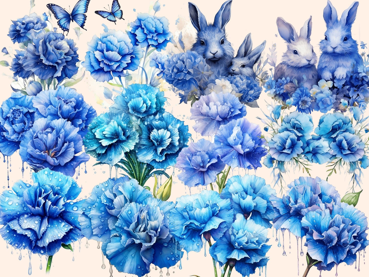 Blue Carnations Watercolor Clipart - High - Quality Instant Digital Download for Creative Projects