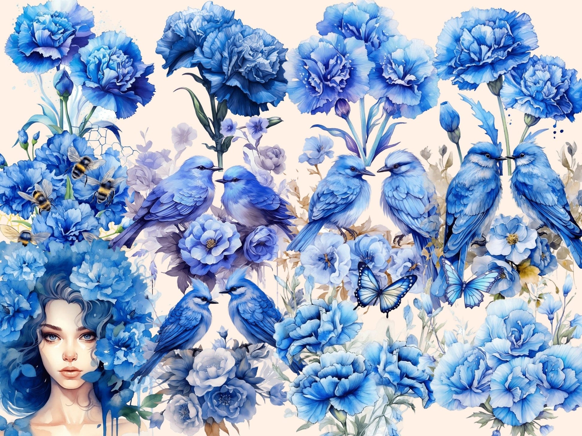 Blue Carnations Watercolor Clipart - High - Quality Instant Digital Download for Creative Projects