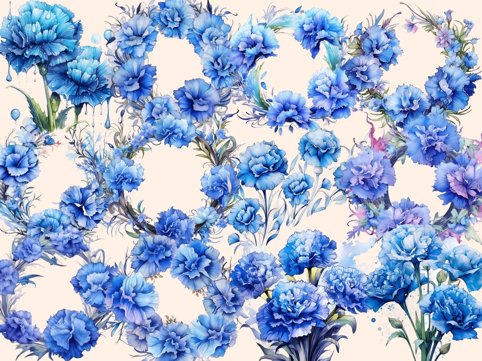 Blue Carnations Watercolor Clipart - High - Quality Instant Digital Download for Creative Projects