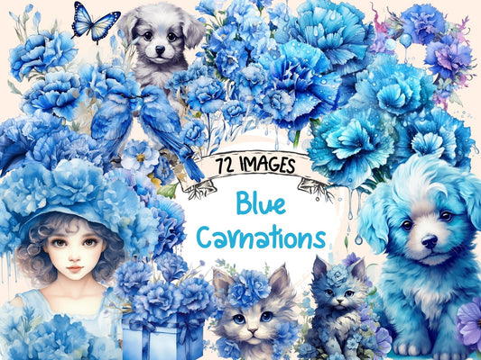 Blue Carnations Watercolor Clipart - High - Quality Instant Digital Download for Creative Projects