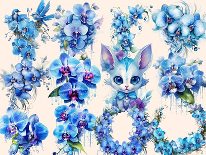 Blue Orchids Watercolor Clipart blue flower clipart - Wonders Artist