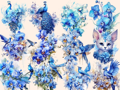 Blue Orchids Watercolor Clipart blue flower clipart - Wonders Artist