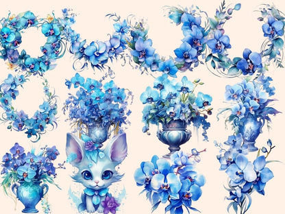 Blue Orchids Watercolor Clipart blue flower clipart - Wonders Artist