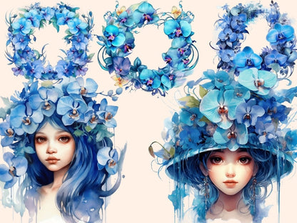 Blue Orchids Watercolor Clipart blue flower clipart - Wonders Artist