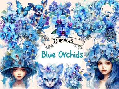 Blue Orchids Watercolor Clipart blue flower clipart - Wonders Artist