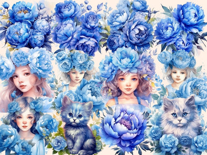 Blue Peonies Watercolor Clipart blue peony - Wonders Artist