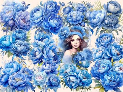 Blue Peonies Watercolor Clipart blue peony - Wonders Artist