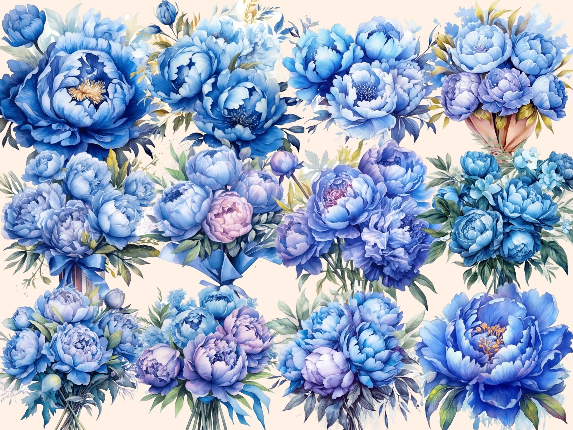 Blue Peonies Watercolor Clipart - High - Quality Instant Digital Download for Creative Projects