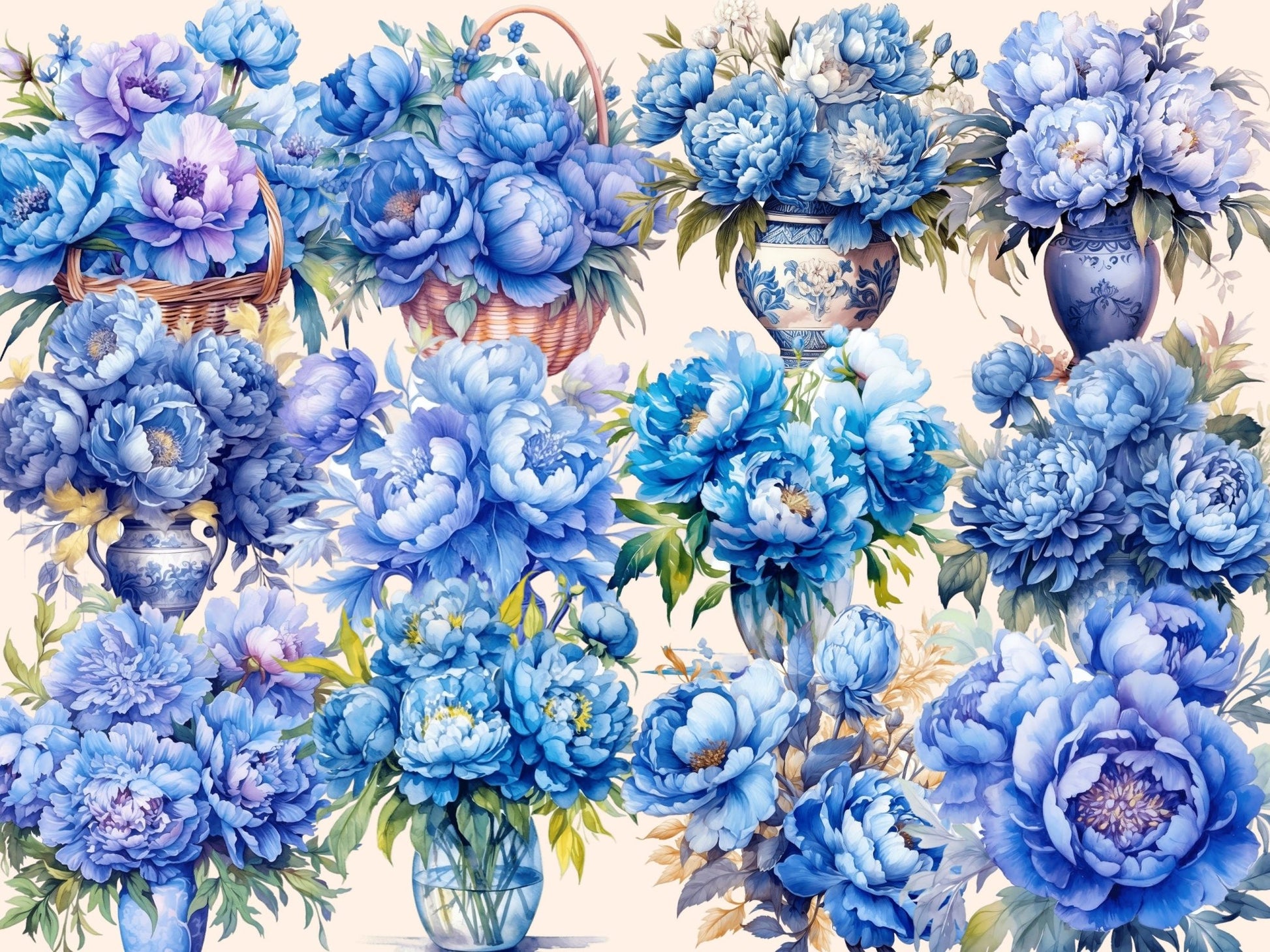 Blue Peonies Watercolor Clipart - High - Quality Instant Digital Download for Creative Projects