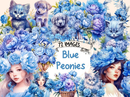 Blue Peonies Watercolor Clipart blue peony - Wonders Artist