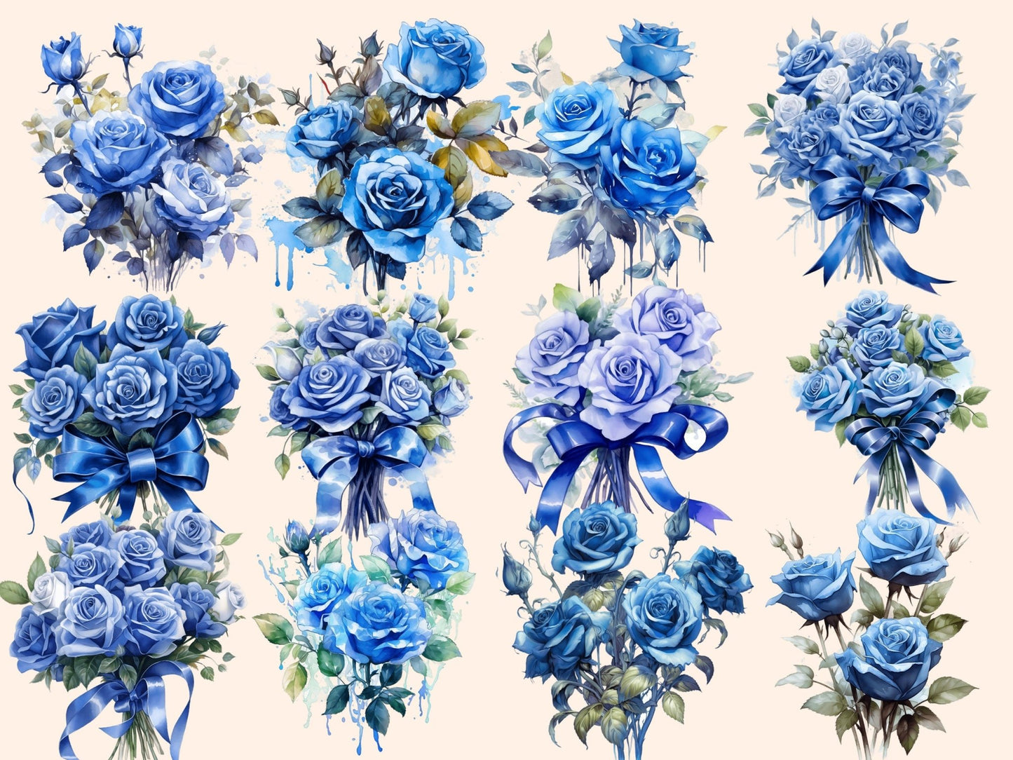 Blue Roses Watercolor Clipart - High - Quality Instant Digital Download for Creative Projects