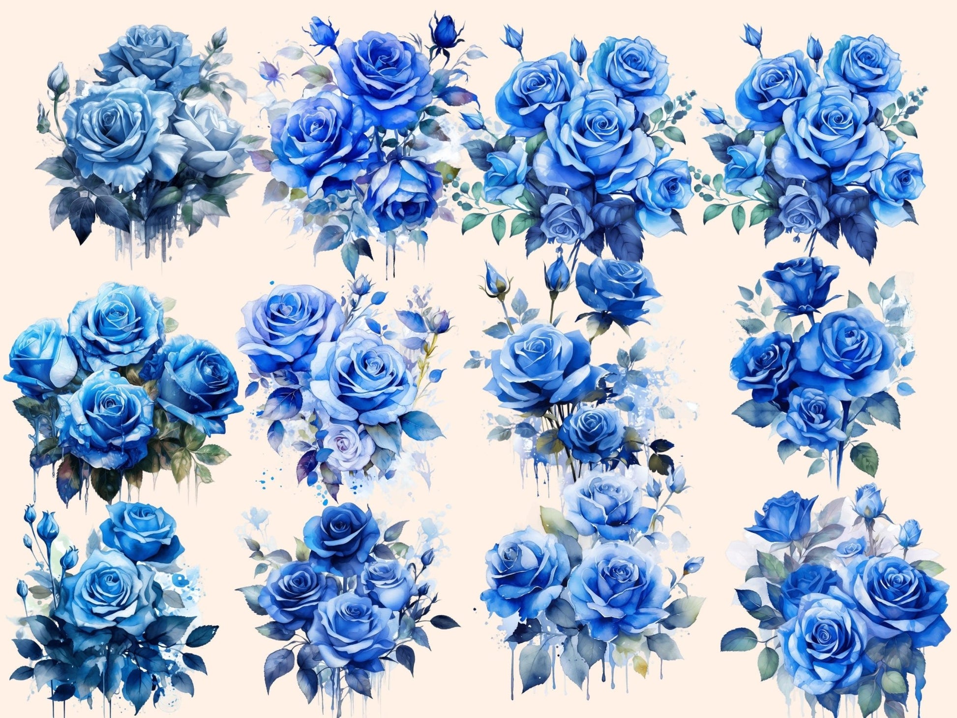 Blue Roses Watercolor Clipart - High - Quality Instant Digital Download for Creative Projects