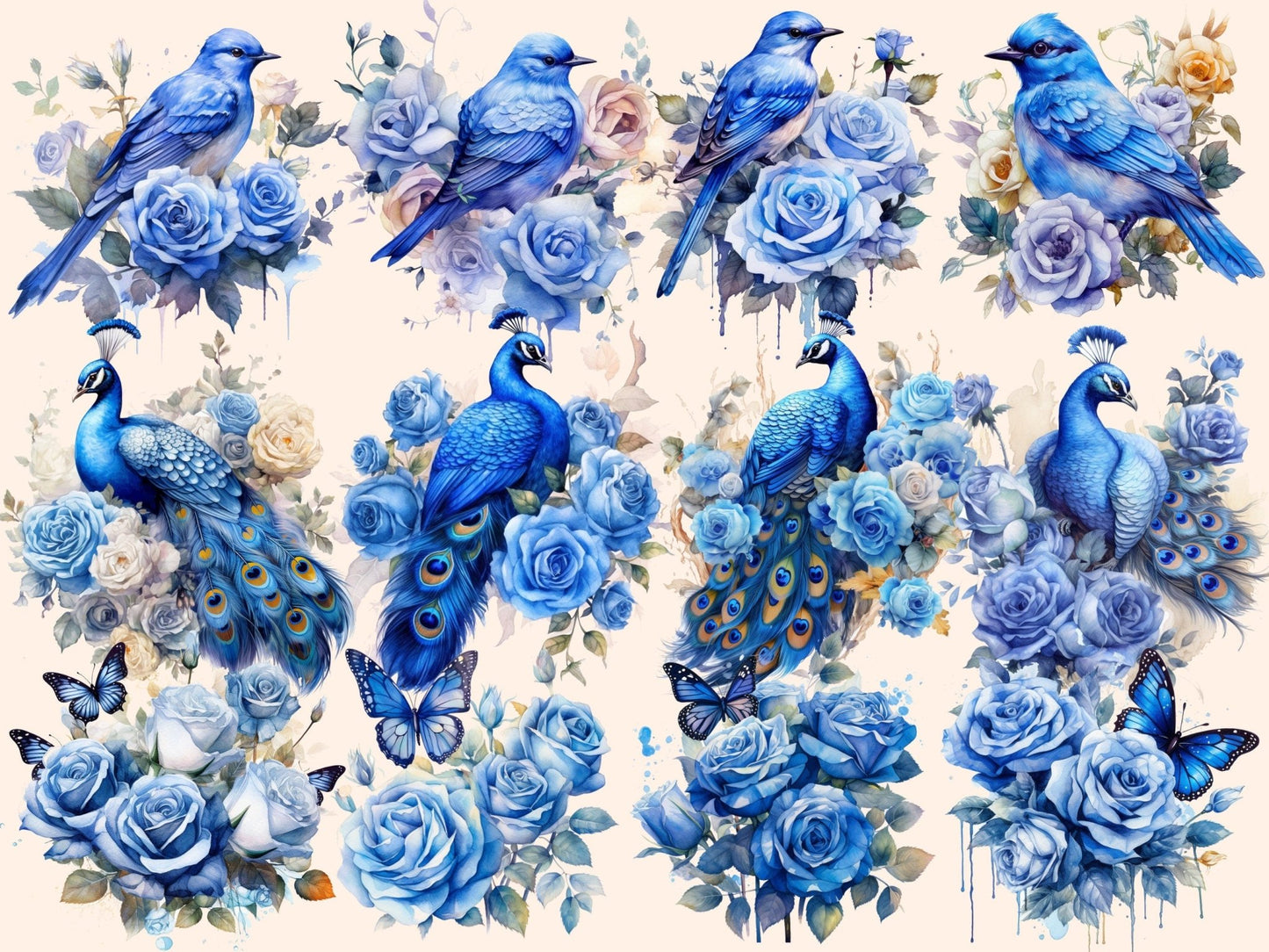 Blue Roses Watercolor Clipart - High - Quality Instant Digital Download for Creative Projects