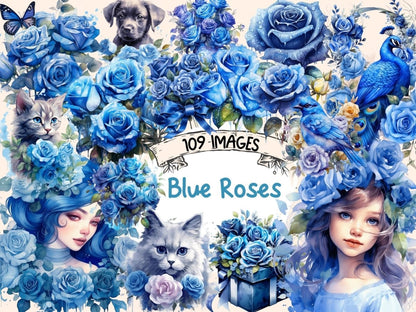 Blue Roses Watercolor Clipart blue flower clipart - Wonders Artist