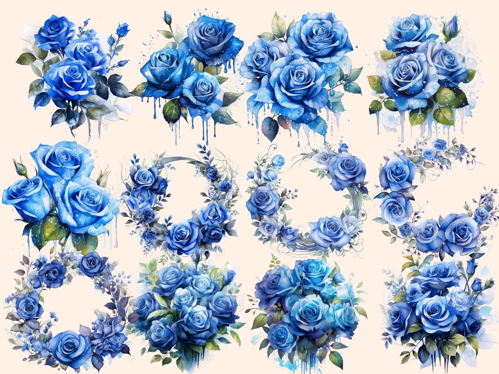 Blue Roses Watercolor Clipart - High - Quality Instant Digital Download for Creative Projects