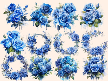 Blue Roses Watercolor Clipart blue flower clipart - Wonders Artist