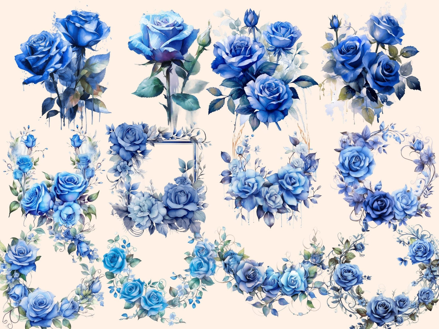 Blue Roses Watercolor Clipart - High - Quality Instant Digital Download for Creative Projects