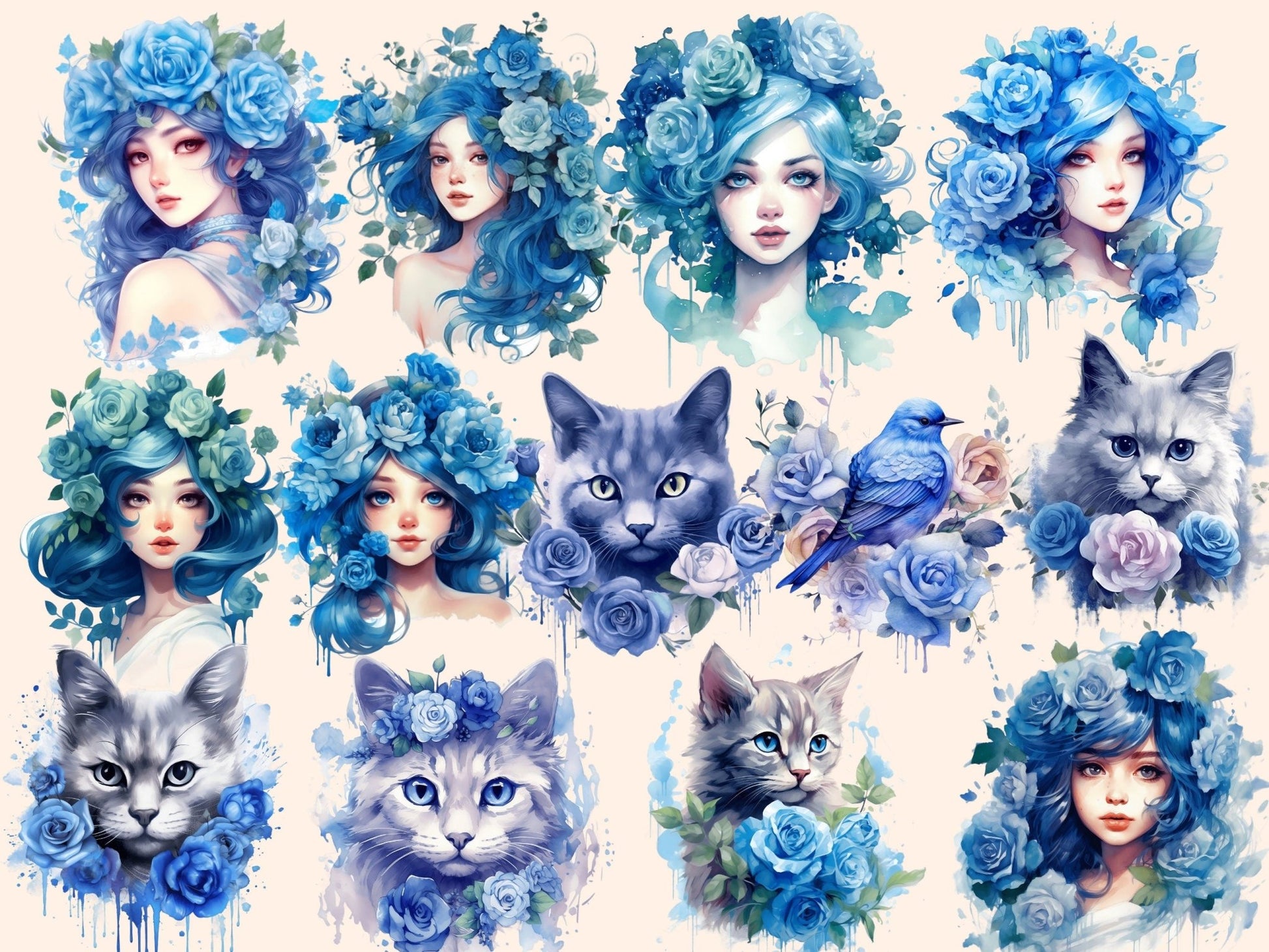 Blue Roses Watercolor Clipart - High - Quality Instant Digital Download for Creative Projects