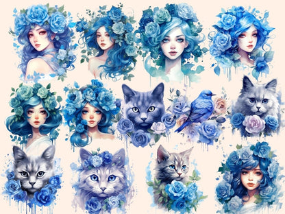 Blue Roses Watercolor Clipart blue flower clipart - Wonders Artist