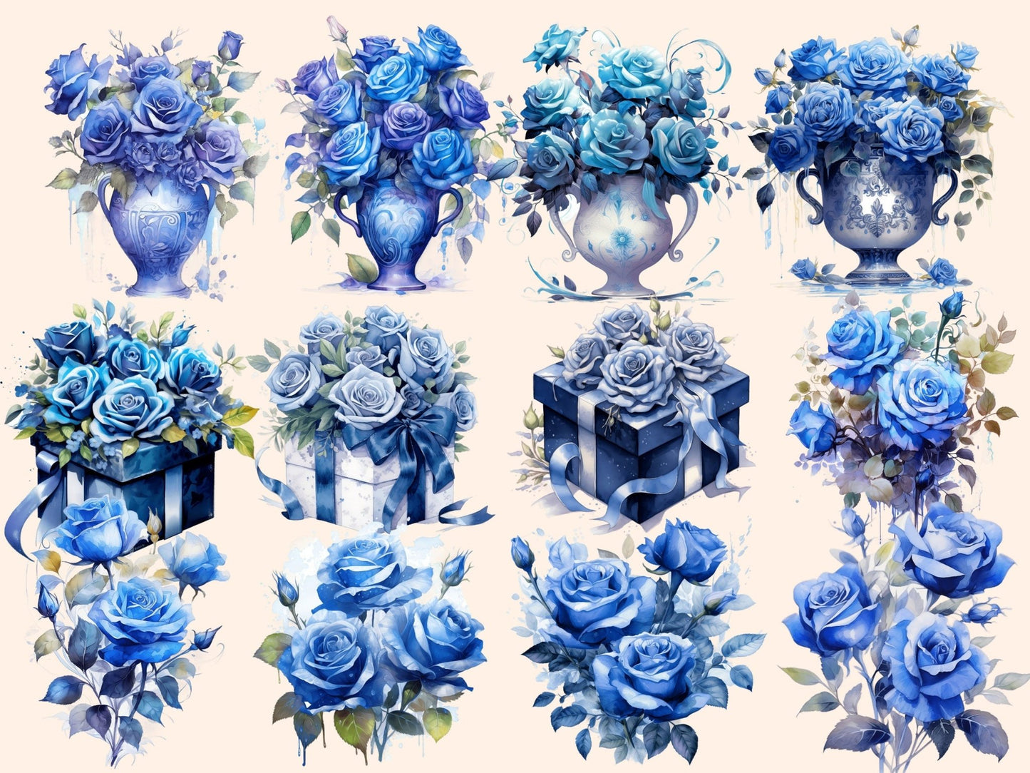 Blue Roses Watercolor Clipart - High - Quality Instant Digital Download for Creative Projects