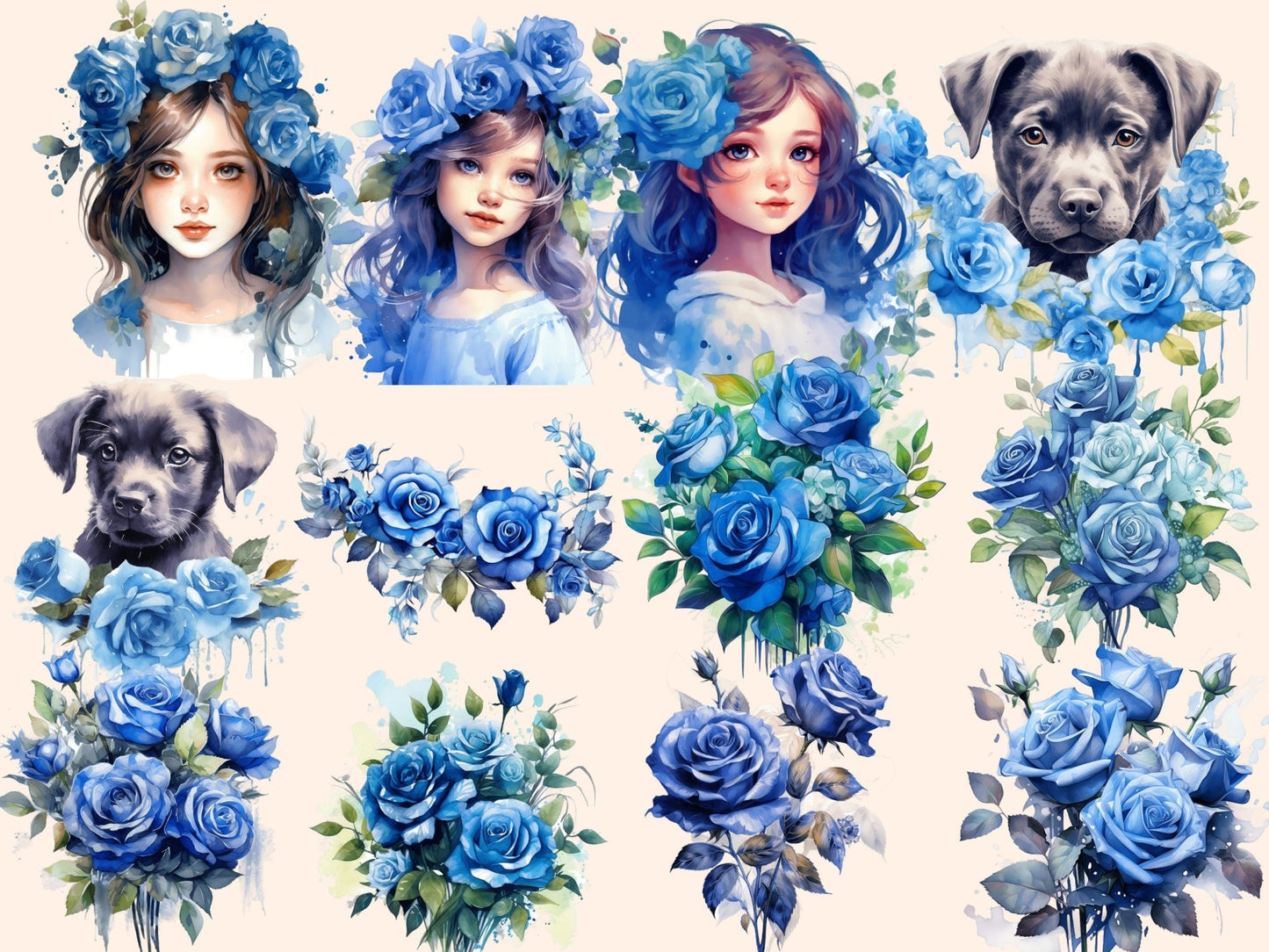 Blue Roses Watercolor Clipart - High - Quality Instant Digital Download for Creative Projects