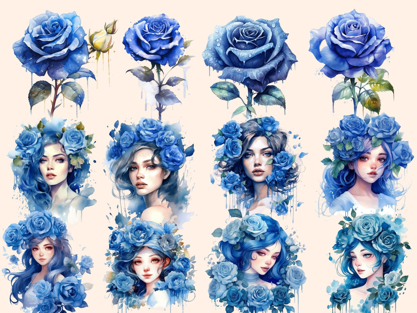 Blue Roses Watercolor Clipart - High - Quality Instant Digital Download for Creative Projects