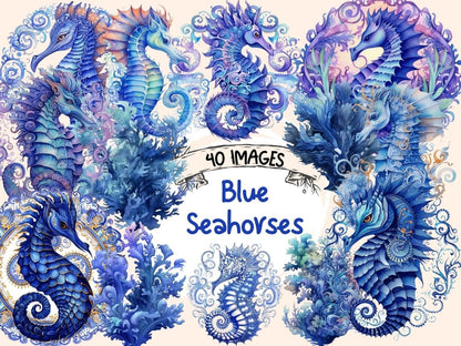 Blue Seahorses Watercolor Clipart blue seahorses - Wonders Artist