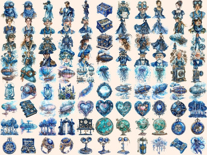 Blue Steampunk Watercolor Clipart azure steampunk png - Wonders Artist