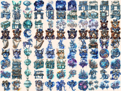 Blue Steampunk Watercolor Clipart azure steampunk png - Wonders Artist