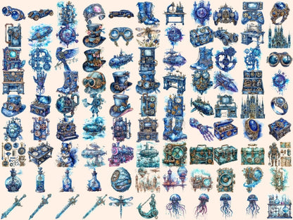 Blue Steampunk Watercolor Clipart azure steampunk png - Wonders Artist