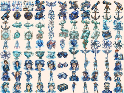 Blue Steampunk Watercolor Clipart azure steampunk png - Wonders Artist