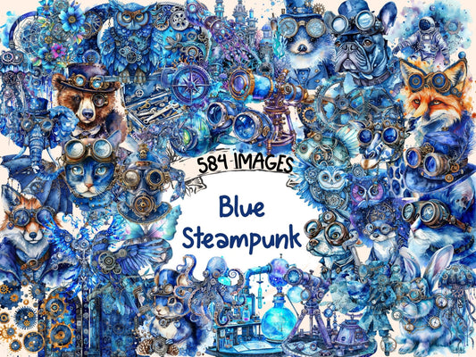 Blue Steampunk Watercolor Clipart - High - Quality Instant Digital Download for Creative Projects