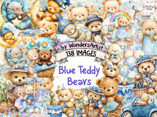 Blue Teddy Bears Watercolor Clipart Bundle - High - Quality Instant Digital Download for Creative Projects