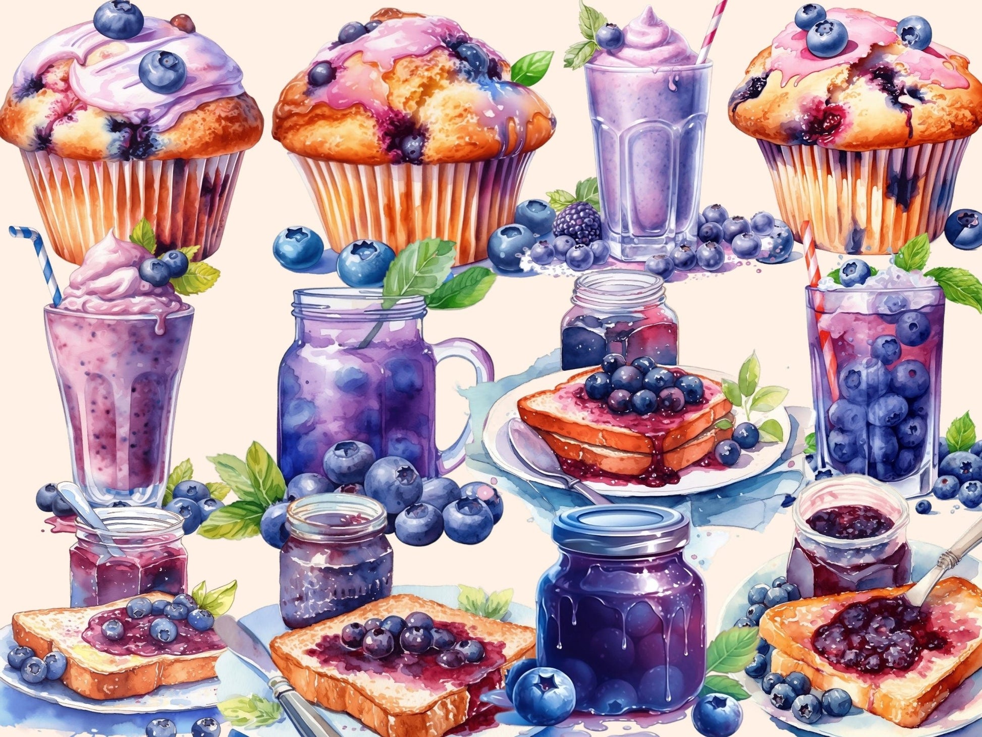 Blueberries Watercolor Clipart - High - Quality Instant Digital Download for Creative Projects