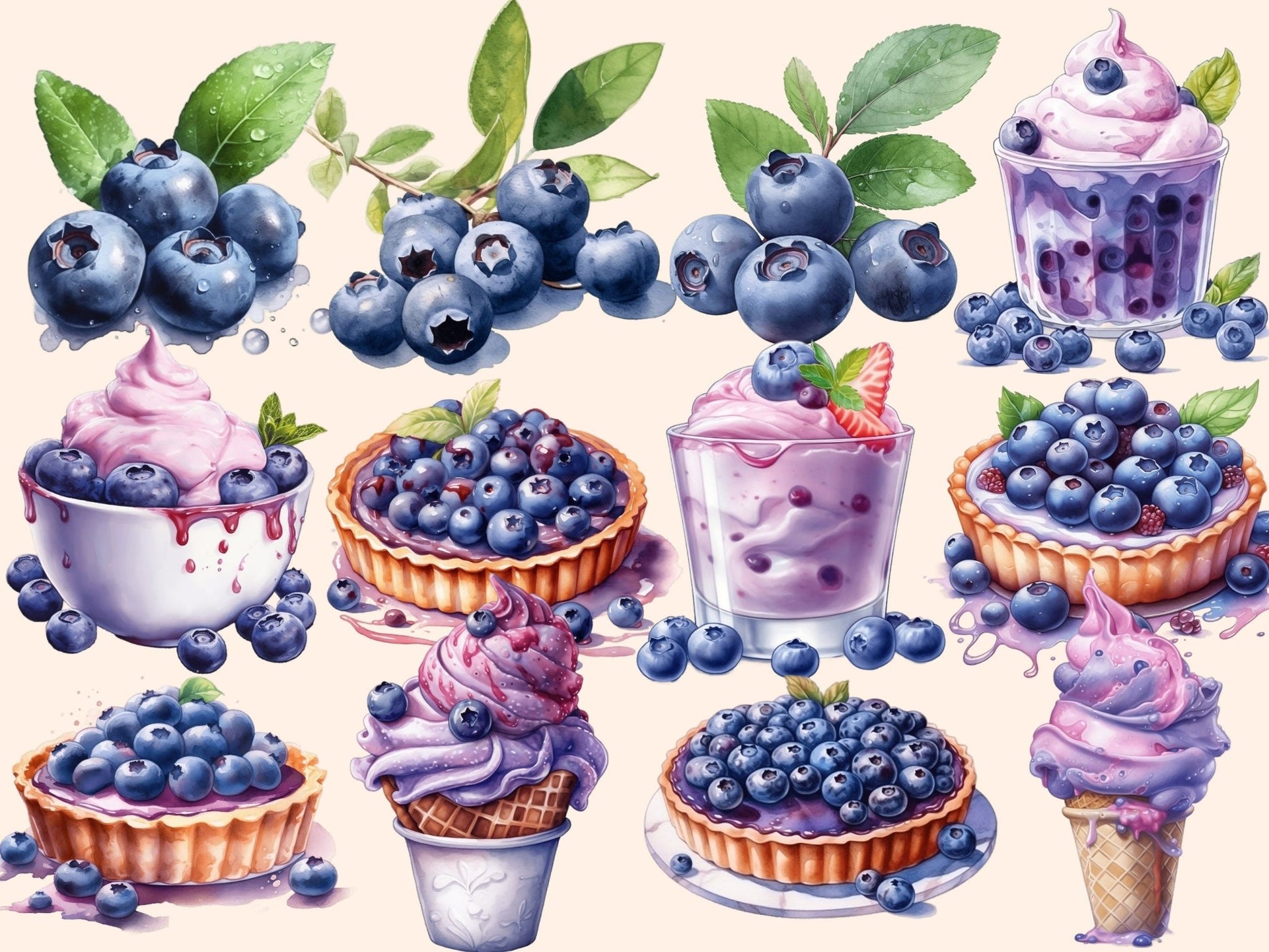 Blueberries Watercolor Clipart - High - Quality Instant Digital Download for Creative Projects