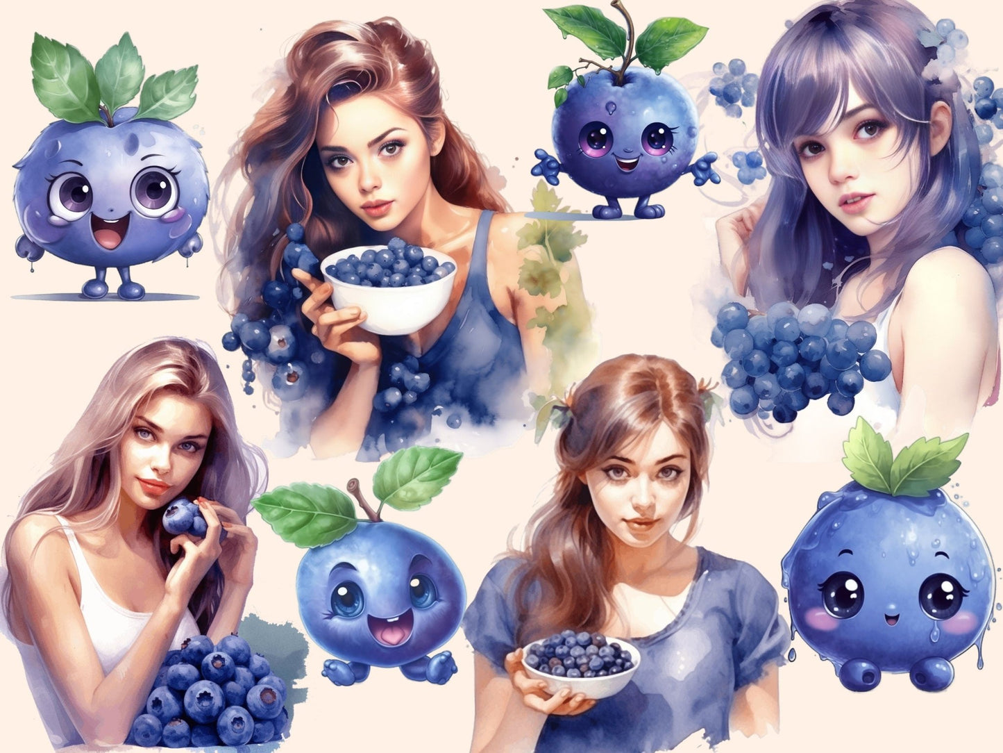 Blueberries Watercolor Clipart - High - Quality Instant Digital Download for Creative Projects