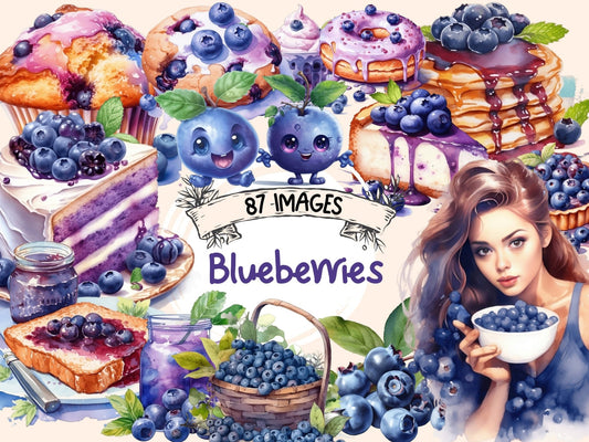 Blueberries Watercolor Clipart - High - Quality Instant Digital Download for Creative Projects