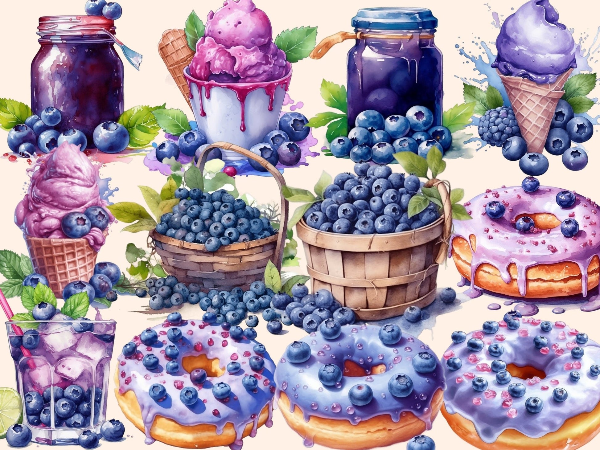 Blueberries Watercolor Clipart - High - Quality Instant Digital Download for Creative Projects