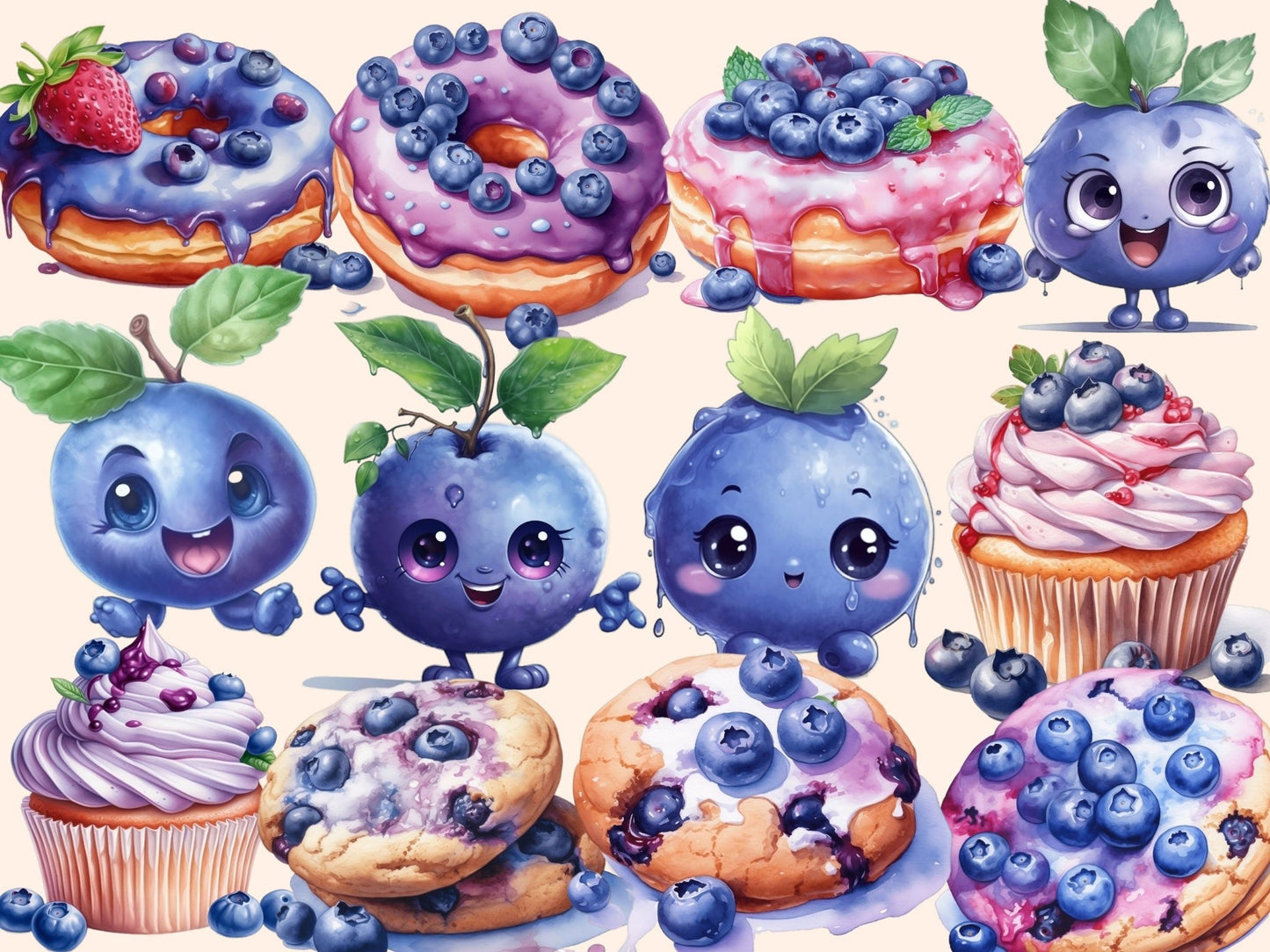 Blueberries Watercolor Clipart - High - Quality Instant Digital Download for Creative Projects