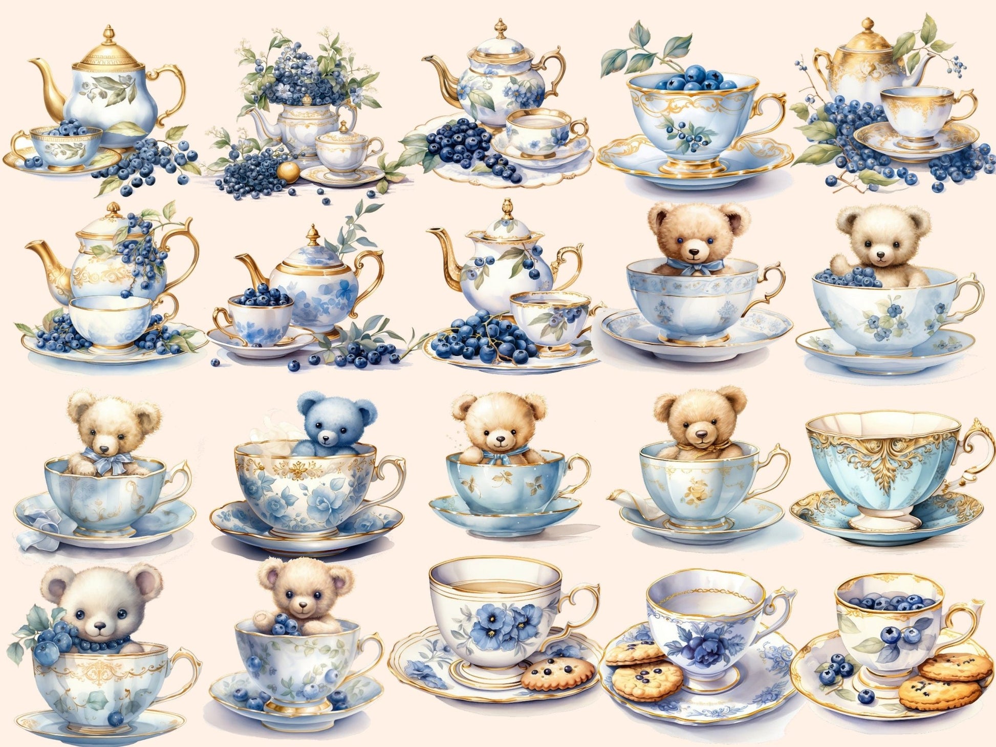 Blueberry Tea Watercolor Clipart - High - Quality Instant Digital Download for Creative Projects