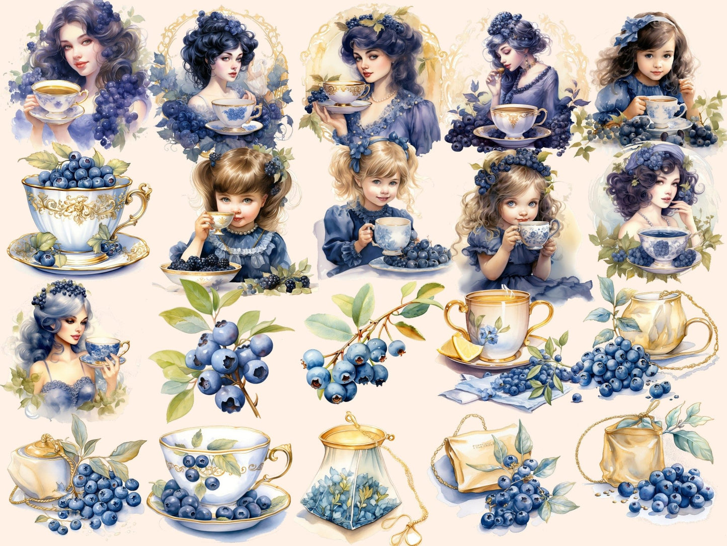 Blueberry Tea Watercolor Clipart - High - Quality Instant Digital Download for Creative Projects