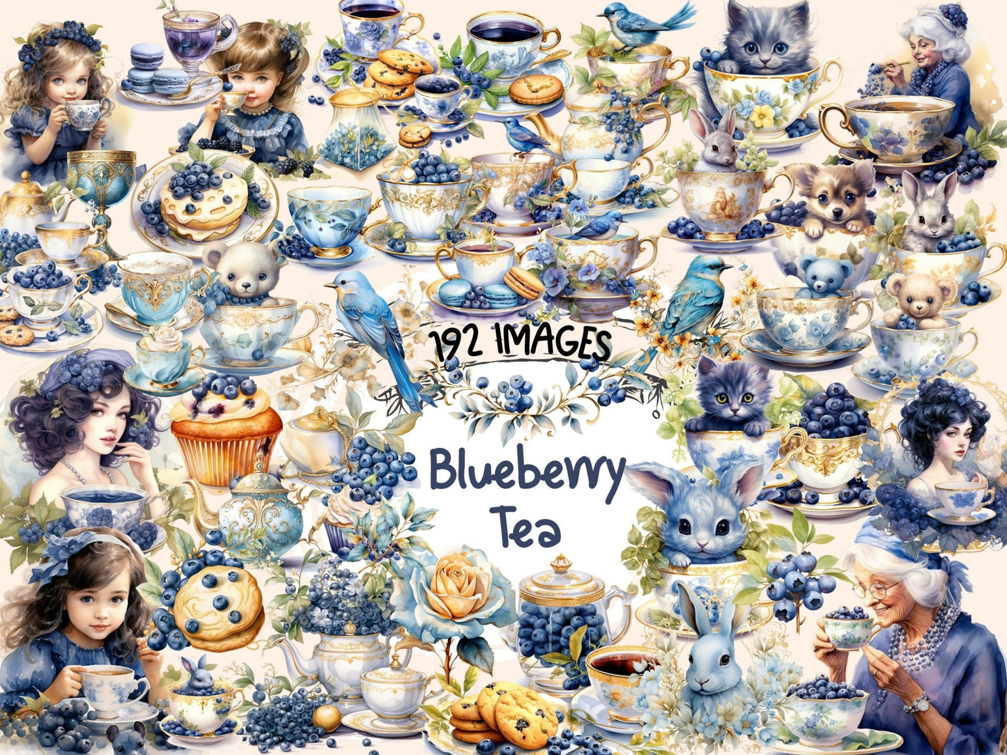 Blueberry Tea Watercolor Clipart - High - Quality Instant Digital Download for Creative Projects