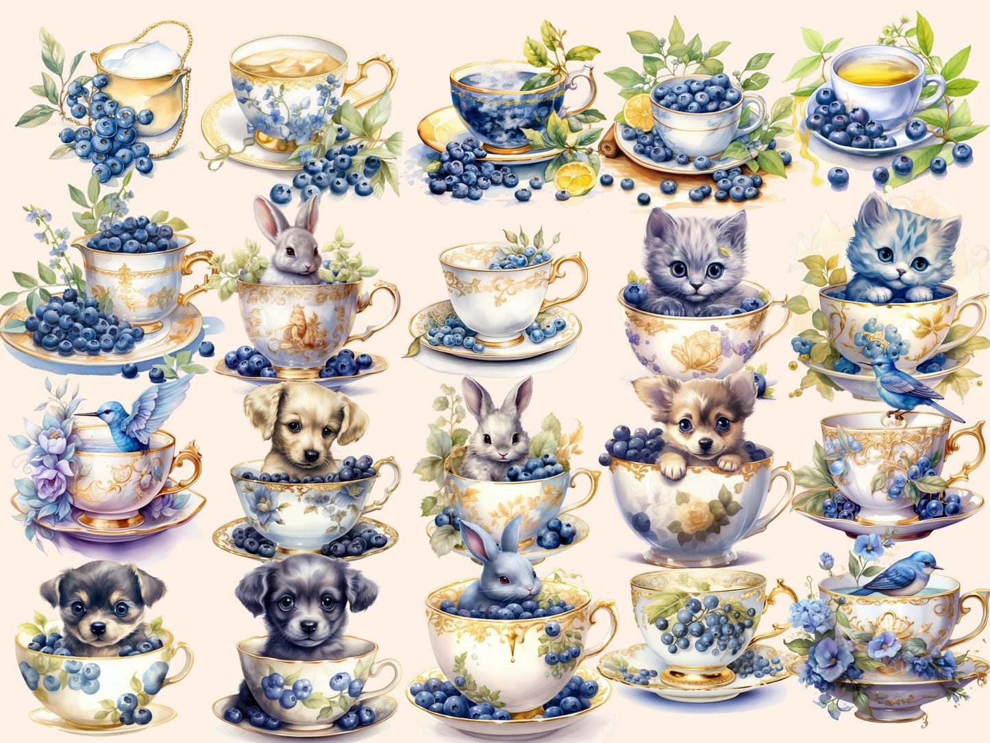 Blueberry Tea Watercolor Clipart - High - Quality Instant Digital Download for Creative Projects